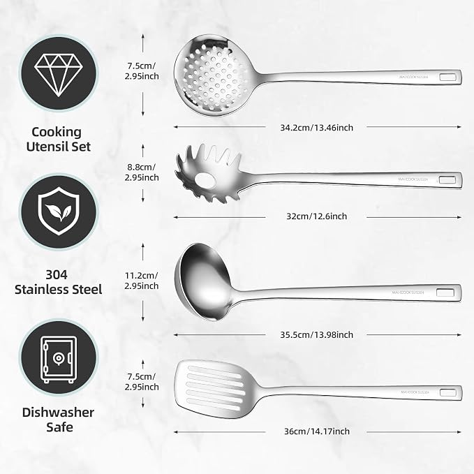 18/8 Stainless Steel Cooking Utensils Set of 4, Dishwasher Safe - Image 2