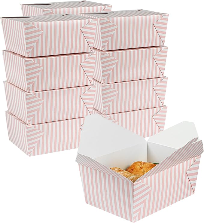 Restaurantware-Bio Tek 8.5 x 6.2 x 3.5 Inch Food Containers, 200 Durable Takeaway Boxes - Disposable, Striped, Pink And White Paper 98 Ounce Takeout Boxes, Rectangle, For Takeouts And Delivery by Restaurantware
