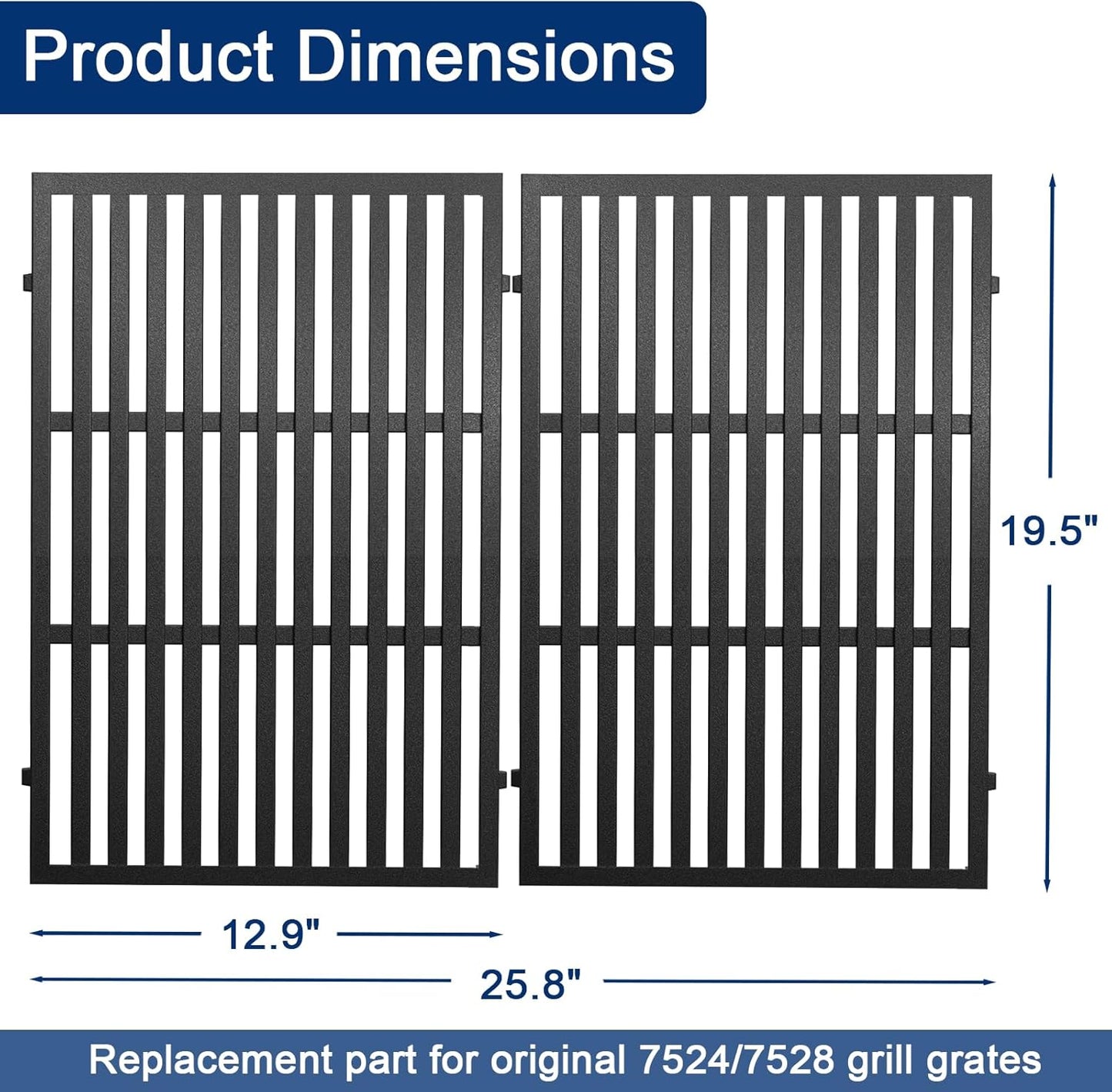 DELSbbq Cooking Grates for Weber Genesis 300 Series Genesis E310 E320 E330 S310 S320 S330 EP-310 EP-320 EP-330, Cast-Iron Grill Grates Replacement for Weber 7524/7528, 19.5" x 12.9", Set of 2