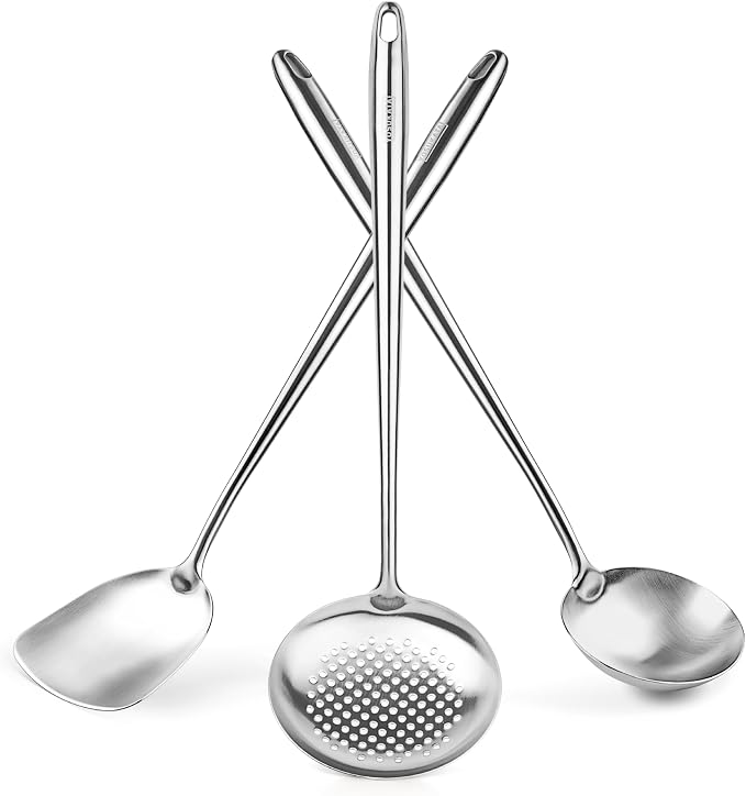 YOSUKATA 17" Stainless Steel Wok Spatula Ladle and Skimmer Spoon Set of 3 | High-Grade 304 Stainless Steel Kitchen Utensils Set - Dishwasher Safe Accessories - Wok Utensils - Cooking Tools by YOSUKATA