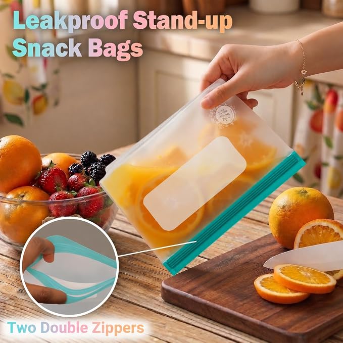 Reusable Food Storage Bags – 14-Pack Stand-Up, BPA-Free, Freezer, Dishwasher Safe & Eco-Friendly – 3 L, 8 M, 3 S Bags – Airtight Leakproof, Sandwich, Snack, and Meal Prep Baggies (Multicolor) - Image 4