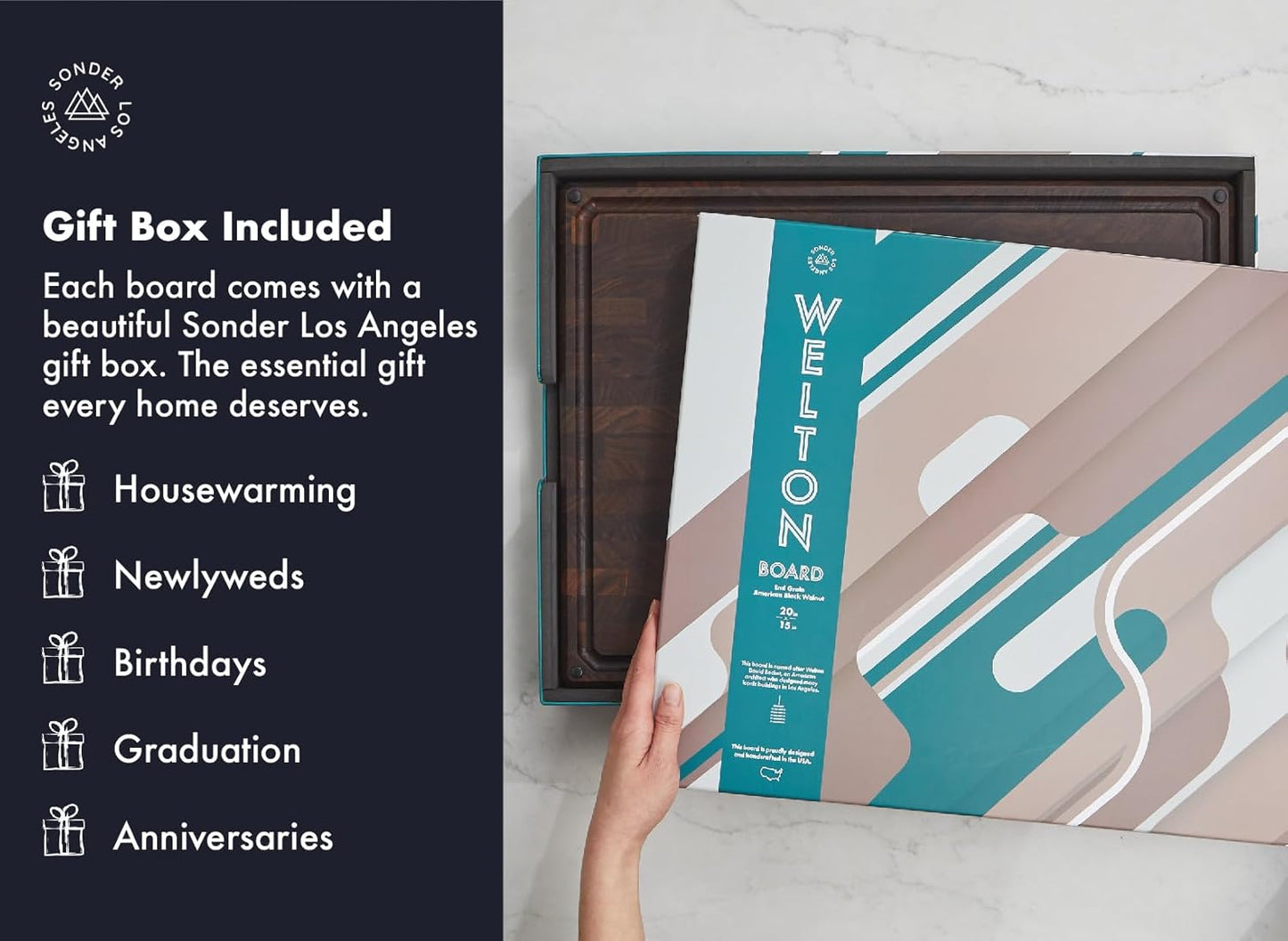 Sonder Los Angeles, Made in USA, Large Thick End Grain Walnut Wood Cutting Board with Non-Slip Feet, Juice Groove for Kitchen 20x15x1.5 in (Gift Box Included)