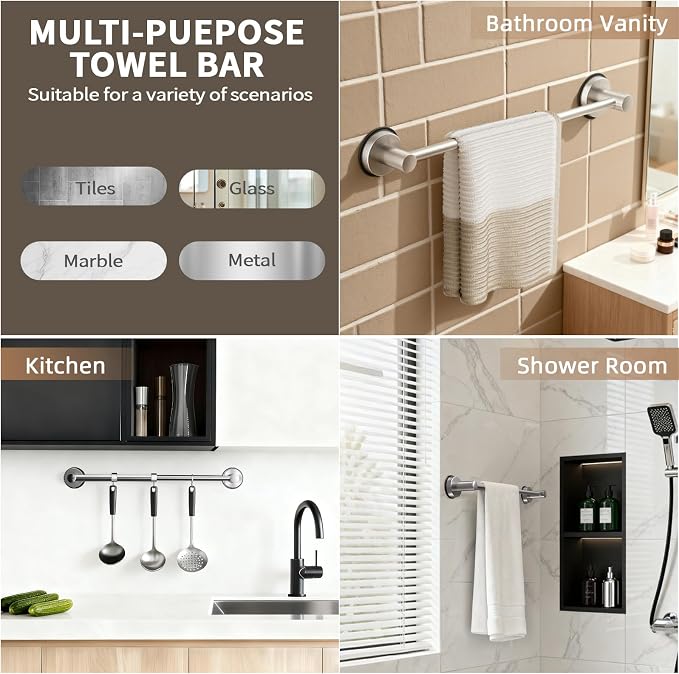 Suction Cup Towel Bar 14.6-24" Stainless Steel No Drill Towel Rack - Image 5