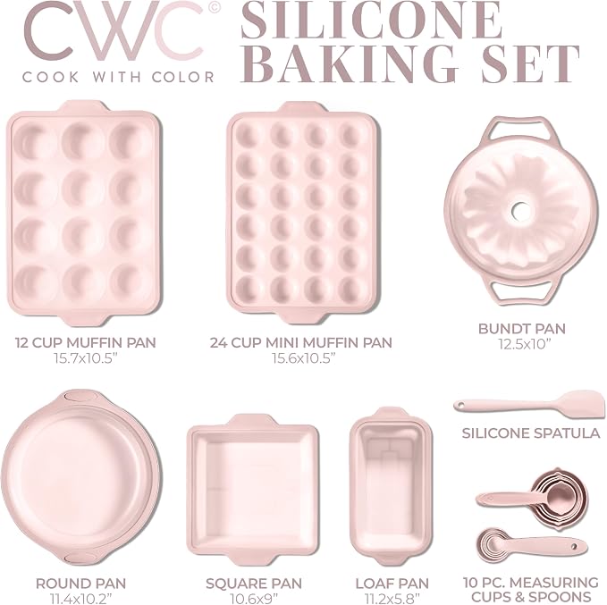 COOK WITH COLOR 17 Pc. Silicone Baking Pan Set - Non-Stick & Easy Clean Silicone Muffin Pans for Baking with Sturdy Metal Frame for Stability, Flexible Cake Molds, Includes Measuring Cups and Spoons - Image 8