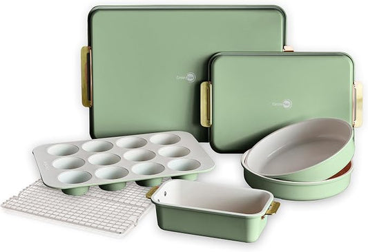 GreenPan Bakeware Set, 7 Piece Nonstick Ceramic Gold Handle Baking Sheets, Cake Pans, Loaf Pan, Muffin Tin, Cooling Rack, PFAS & BPA Free, Freezer to Oven Dish, Bake & Roast Ovenware, Sage Green by GreenPan