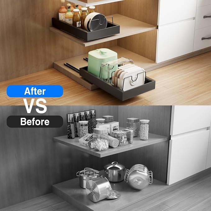 Mustorn 2 Pack Pull Out Cabinet Organizer with 8 Dividers,21.8" Deep Slide Out Drawers for Cabinets Adhesive Pull Out Drawers Heavy Duty Pull Out Shelves for Kitchen, Cupboard, Pantry, Bathroom-Black - Image 5