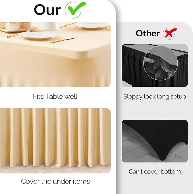 Wish Care 2 Pack Champagne Spandex Table Clothes for 8 Foot Rectangle Tables, 8FT Wrinkle Free Fitted Tablecloths Ruffles Design Table Cover for Party, Banquet, Wedding and Events - Image 3
