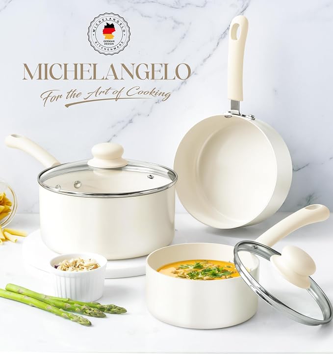 MICHELANGELO Nonstick Saucepan with Lid, Ceramic Sauce Pan Sets, Easy to Clean Sauce Pans, Multi-Purpose Cooking Pots, 1QT, White - Image 5