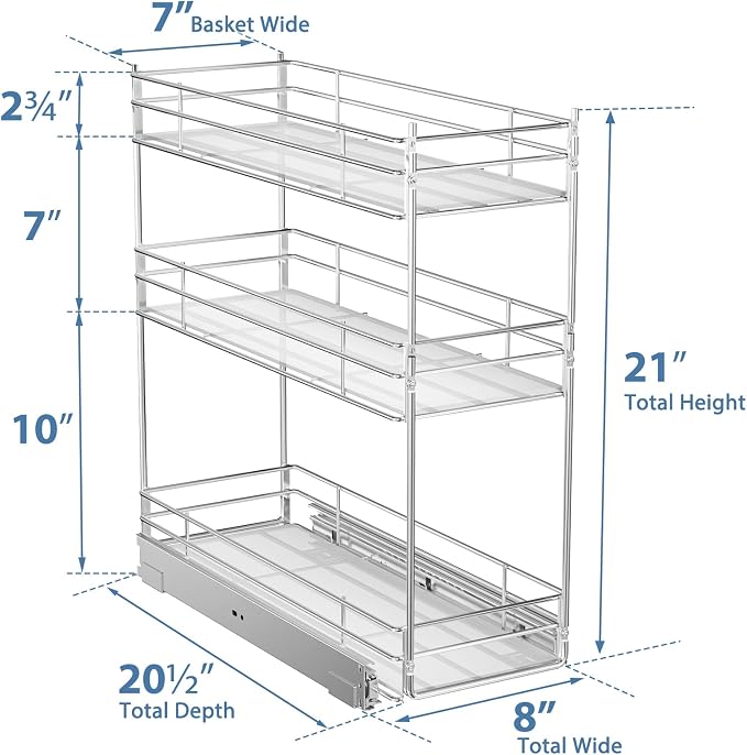 ROOMTEC Pull Out Spice Rack for Narrow Cabinet (8" W X 20½" D),3 Tier Heavy Duty Sliding Spice Cabinet Organization Shelf Racks, Pull Out Shelves Under Cabinet Storage for Kitchen - Image 3