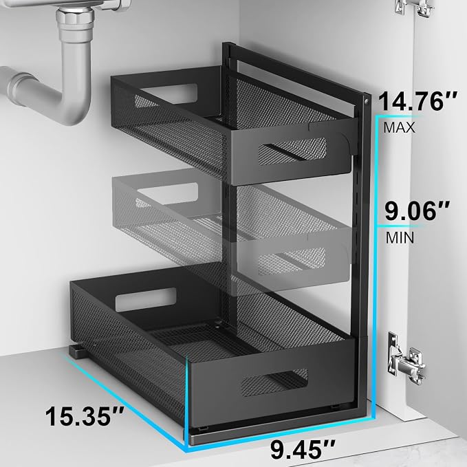 Petiza Under Sink Organizer Pull Out Cabinet Organizer Adjustable Height 2 Tier with Sliding Drawers Kitchen Bathroom Organizer and Storage(1pc) (Pack of 6) - Image 3