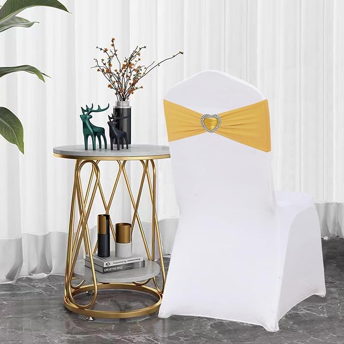 Gold Chair Sashes for Wedding 25 Pack Spandex Gold Sashes for Chairs Covers Stretch Chair Sashes Band with Heart Buckle Slider for Banquet Party Decorations - Image 4