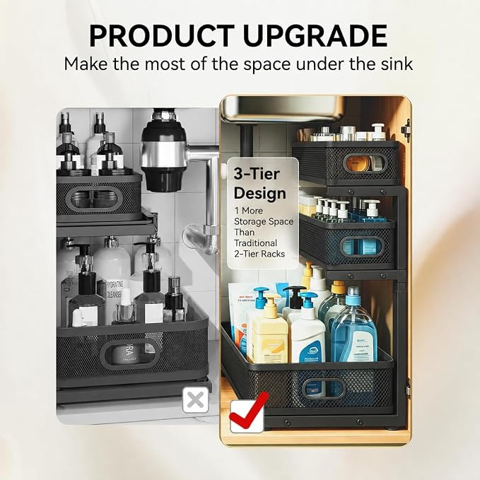 2 Pack 3 Tier Under Sink Organizer with Pull Out Drawer, Height Adjustable Heavy Duty Metal Under Cabinet Organizer, Smooth Sliding Storage Shelf for Kitchen, Bathroom Cabinet Organization, Black - Image 3