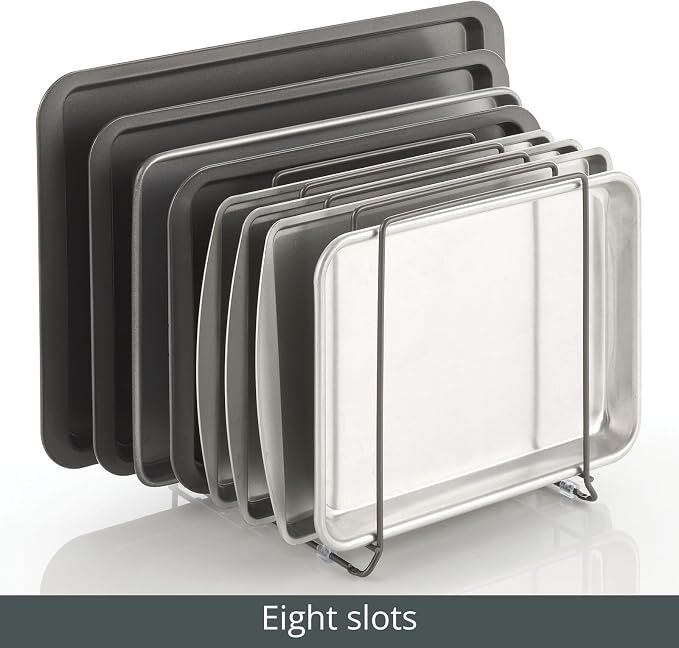 mDesign Large Metal Wire Organizer Rack for Kitchen Cabinet, Pantry, Shelves - Holder with 8 Slots for Baking Sheets, Skillets, Frying Pans, Pots, Lids, Cutting Boards, Appliances - Dark Gray - Image 4