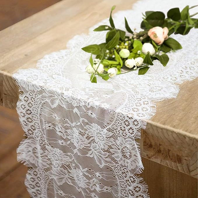 20 Pcs White Lace Table Runners 14 x 120 Inch for Wedding Bridal Shower Baby Shower Party Table Decoration, Rustic Rose Embroidered Boho Table Runner by Fowecelt