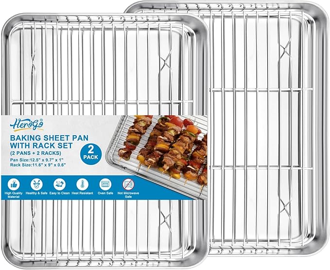 Herogo Stainless Steel Quarter Sheet Pan with Wire Rack Set(2 Pans + 2 Racks), 9 x 13 x 1 Inches Metal Baking Tray Set for Cooking & Roasting, Nontoxic & Easy Clean by Herogo