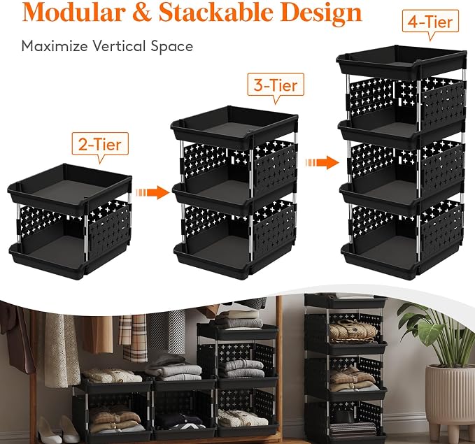 Lifewit 4 Tier Plastic Stackable Storage Baskets for Clothes 1 Pack, Black - Image 4