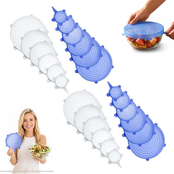 Silicone Stretch Lids 6 Pack Reusable Food Storage Covers, Blue+White 2 Set | 6 Reusable Silicone Stretch Lids • Flexible Fit • Food Storage • Microwave & Freezer Safe • Multi-Size Kitchen Covers by MENDED