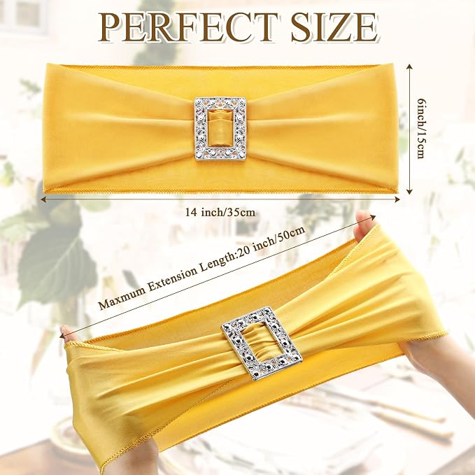 VitalCozy 100 Pcs Spandex Chair Sashes Wedding, Square Buckle, Gold - Image 2