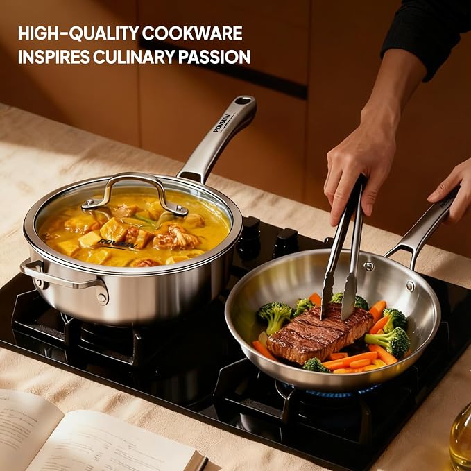 ROVSUN 10-Pcs Stainless Steel Cookware Set, Tri-Ply Pots and Pans Set, Non-Toxic Kitchen Set, PFOA & PTFE Free, Full Clad Frying Pans, Saucepans, Saute Pan & Stock Pot, Compatible for All Cooktops - Image 8