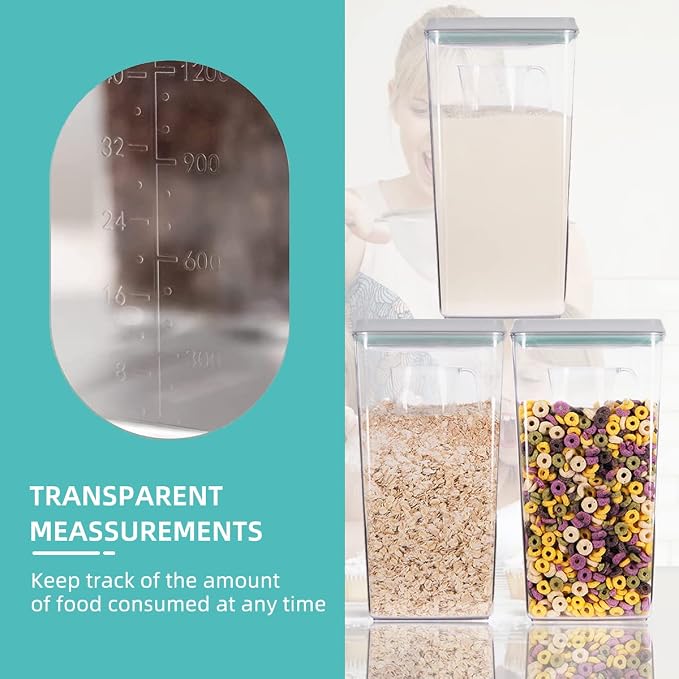 Ankou Airtight Pop Cereal Container, 3300ml Each Large Cereal Containers with Scoops Food Storage Canister Dispenser Perfect For Cereal Flour Spaghetti Rice Kitchen Organizing 3.5qt - Image 3
