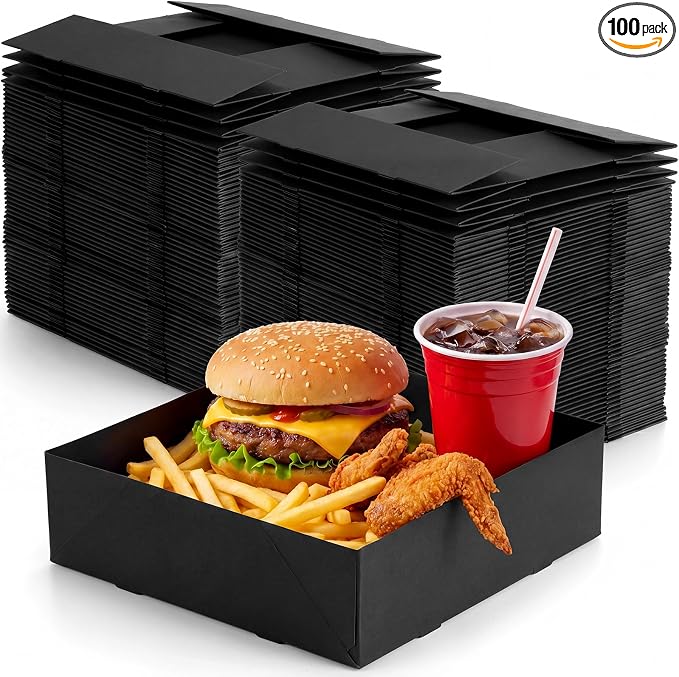 Chinco Black 100 Pcs 7.9 x 7.9 x 2.4 Inch 4 Corner Pop Food Tray Kraft Paperboard Disposable Foldable Cardboard Food and Drink Stadium Containers Movie Night Snack Trays Fries Holder Carrier by Chinco