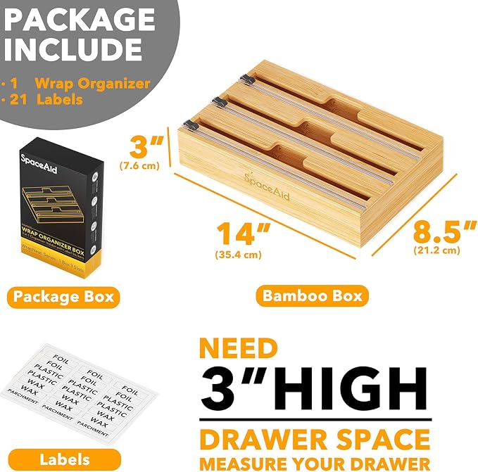 SpaceAid WrapNeat 3 in 1 Wrap Organizer with Cutter and Labels, Plastic Wrap, Aluminum Foil and Wax Bamboo Dispenser for Kitchen Storage Organization Holder for 12" Roll (Natural) - Image 6