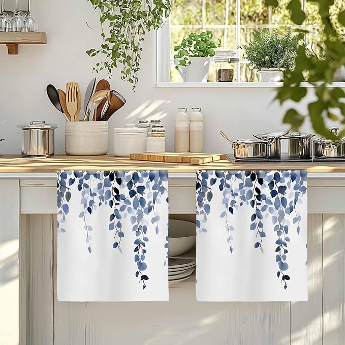 Blue Eucalyptus Kitchen Towels Set of 1, Absorbent Dish Towels for Kitchen, Spring Summer Botanical Plants Chic Microfiber Hand Towel, Quick Drying Tea Towel for Cleaning Decorative Dishcloths - Image 4