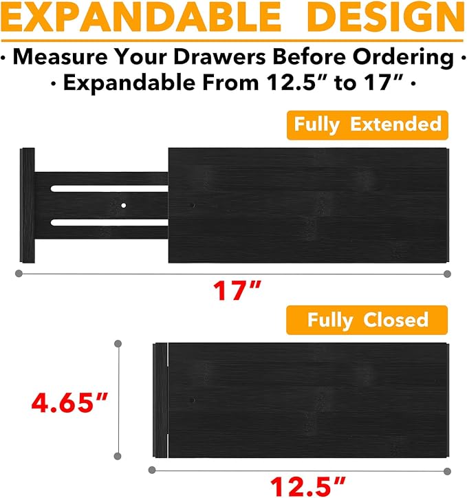 SpaceAid Bamboo 4 Pack Dresser Drawer Dividers, 4.65“ High Adjustable 12.5“-17” Drawer Organizers, Expandable Organization for Clothing, Clothes, Dressers, Black - Image 3