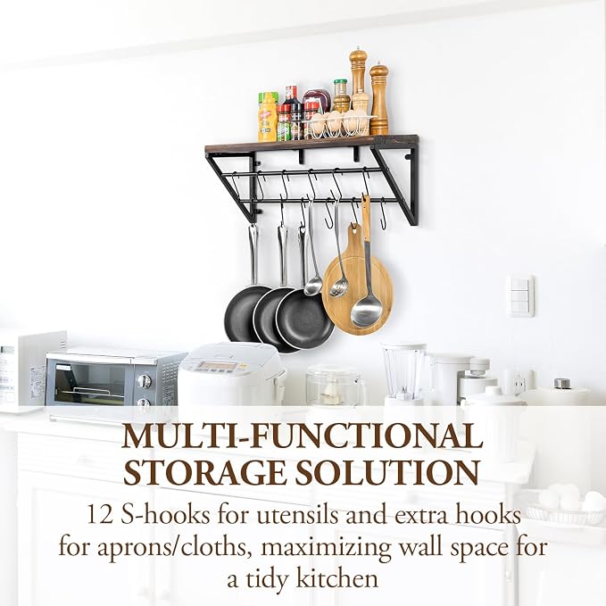 MyGift Urban Industrial Burnt Solid Wood Kitchen Floating Shelf with Black Metal Brackets for Pots and Pans with 12 S-Hooks Utensil Hanger, Wall Mounted Storage Display Shelving - Image 3