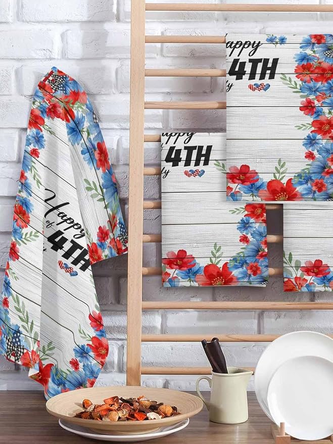 Independence Day Hand Towels Set,Waffle Weave Kitchen Towels 2PCS,USA Flag Flowers Leaves Grey Wood Grain Microfiber Hair Face Bath Tea Towel Absorbent Quick Drying Cleaning Dish Cloths,15.7"x23.6" - Image 2