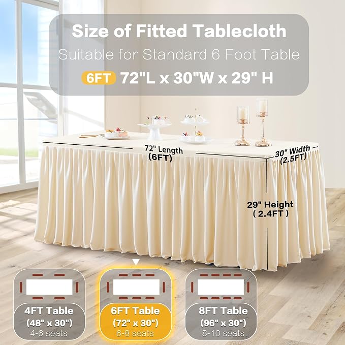 Wish Care Light Champagne Table Clothes for Rectangle Tables 6ft, Wrinkle Resistant Fitted Table Cloth with Pleated Ruffle Skirts for Banquet Wedding Baby Shower Folding Tables - Image 5