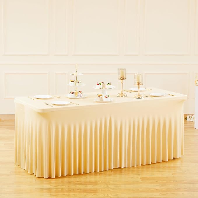 Besutolife 2 Pack Champagne Spandex Tablecloth for 6ft Rectangle Tables Fitted Table Cloth Stretch Table Covers Skirt 6ft Rectangular Tablecloths for Banquet Parties Wedding Decorations - Image 8