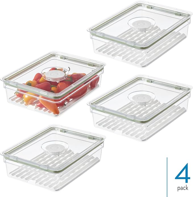 iDesign Large Fridge Produce Bin with Removable Drainage Tray and Lid - Set of 4 - Clear/White - Image 2