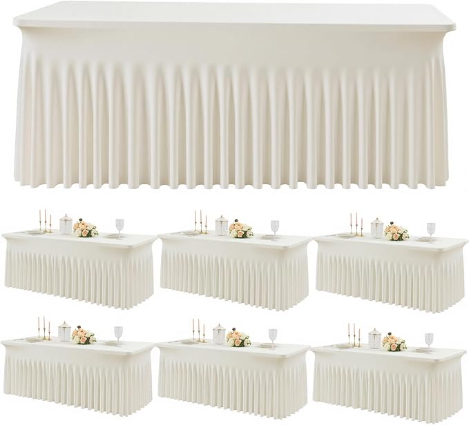 Spandex Tablecloth 6FT Rectangle Table Cover 6 Pack Ivory Wrinkle-Free by Outpain