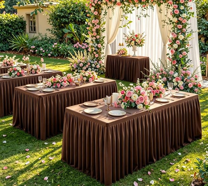 Chocolate Polyester Table Cloths for Rectangle 8 Foot Tables, 6 Pack Wrinkle Free Tablecloths Stretchy Banquet Ruffle Fitted Table Cover Desk Skirt for Parties Wedding Birthday Baby Shower - Image 2