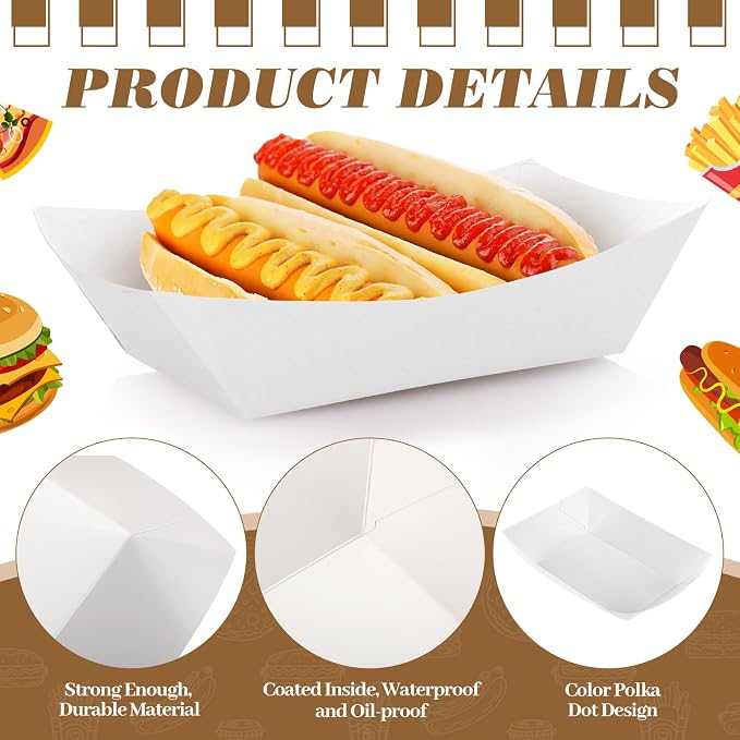 Sherr 200 Pcs 5 lb Kraft Paper Food Trays Boats Bulk, Disposable Nacho Kraft Paper Food Serving Trays Brown for Nachos, Tacos, Fries, Hot Dog, Corn, Bbq, Festivals, Party (White) - Image 3