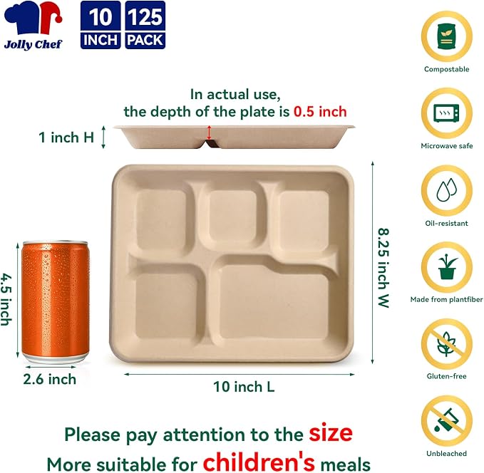 Compostable 5 Compartment 10*8.25*1 Inch 125 Pack Heavy Duty Paper Plates | Small Divided Disposable Plates White Eco-Friendly Biodegradable Food Trays for School Lunch Dinner - Image 2
