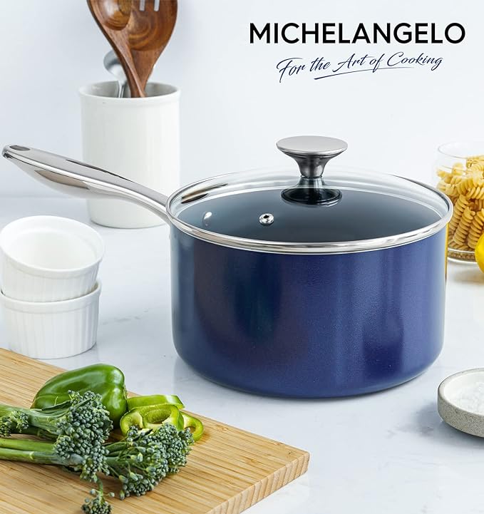 MICHELANGELO 3 Quart Saucepan with Lid, Nonstick Ceramic Sauce Pan with Stainless Steel Handle, 3 Qt Saucepan with Lid Induction Compatible, Oven Safe, Blue - Image 6