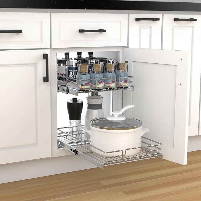 2 Tier Pull Out Cabinet Organizer, 23" W x 21" D Heavy-Duty Metal Sliding Drawer Shelf for Kitchen Cabinets, Chrome, Doesn't Include Door Fittings - Image 7