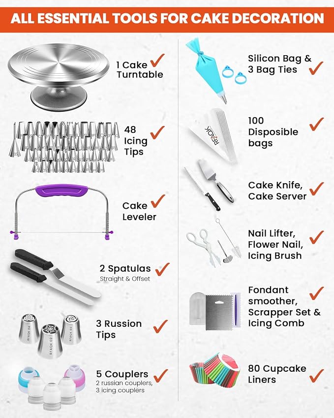 RFAQK 250 PCs Aluminum Cake Decorating Tools Kit with 12" Metal Turntable & Knife set-48 Numbered Icing Tips-3 Russian Piping Nozzles-Straight & Angled Spatula-Cake Leveler& Baking Supplies Tools - Image 3