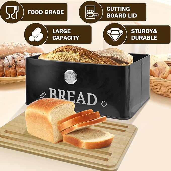 Black Bread Box for Kitchen Countertop, Bamboo Lid with Hygrometer - Image 4
