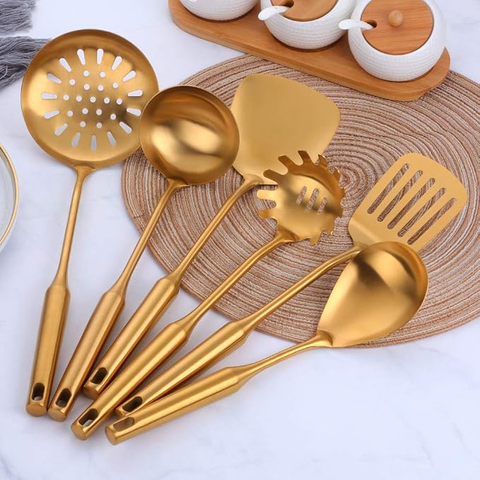 Kitchen Utensil Set -7PCS Gold 18/8(304) Stainless Steel -Wide Spatula,Soup Ladle,Strainer Ladle,Slotted Spatula,Spaghetti Server,Rice Scoop Spoon and Whisk - Image 3