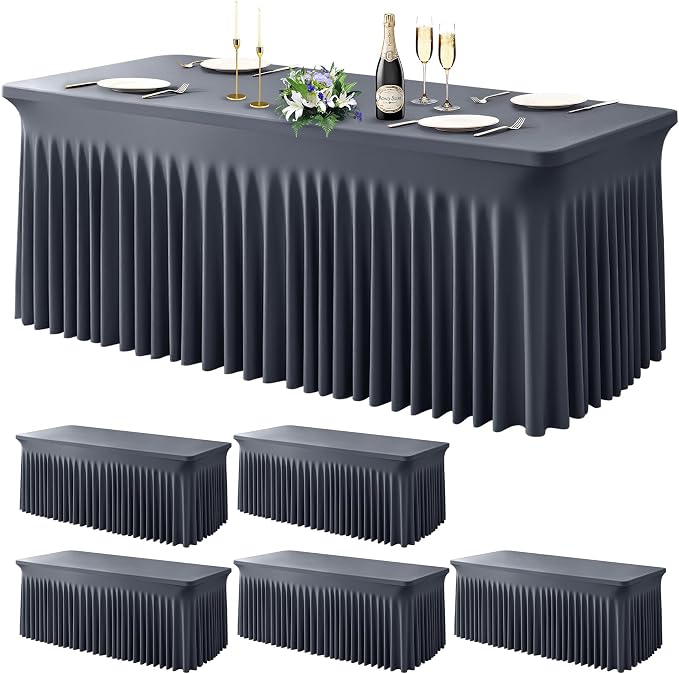 Wish Care 6 Pack Gray Spandex Table Clothes for 8 Foot Rectangle Tables, 8FT Wrinkle Free Fitted Tablecloths Ruffles Design Table Cover for Party, Banquet, Wedding and Events by WishCare