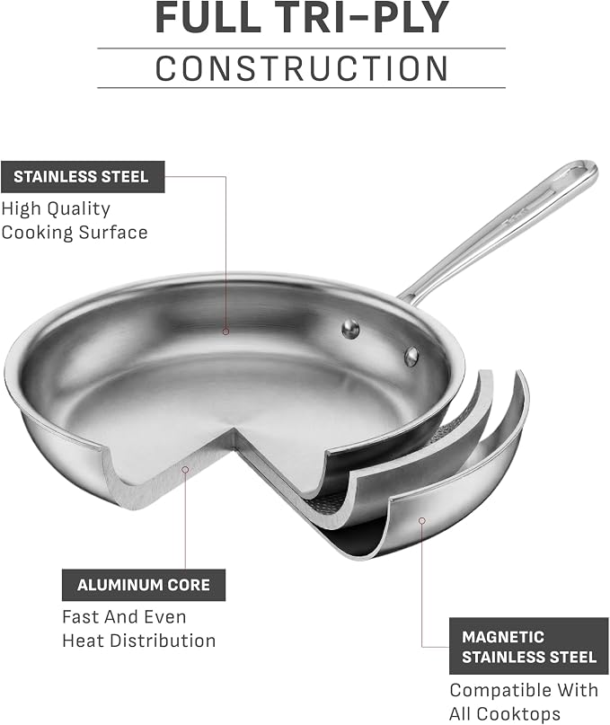 T-Fal Pro Tri-Ply Fry Pan, Stainless Steel Pan 12 inch, Induction Cookware, Oven Safe 500F, Fast & Even Heat, Professional Quality & Durability, Skillet, Cookware, Silver - Image 2