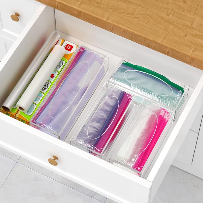 FEMELI Food Bag Storage Organizer Acrylic Kitchen Drawer Baggie Box Clear - Image 4