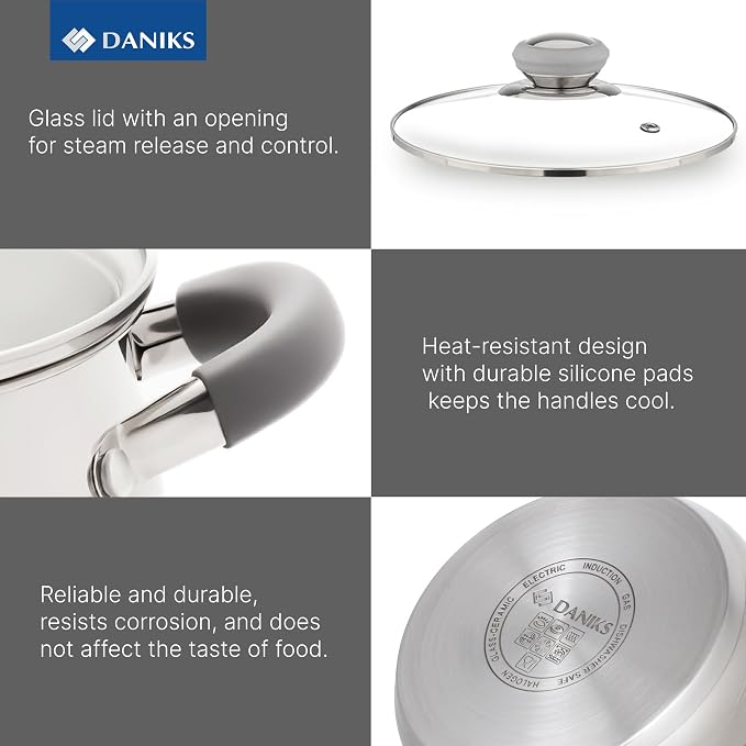 Daniks Modern 6-Piece Stainless Steel Cookware Set with Glass Lids, Tri-Ply Bases for Even Heating, Induction Compatible, Dishwasher Safe, Heatproof Handles - Image 5