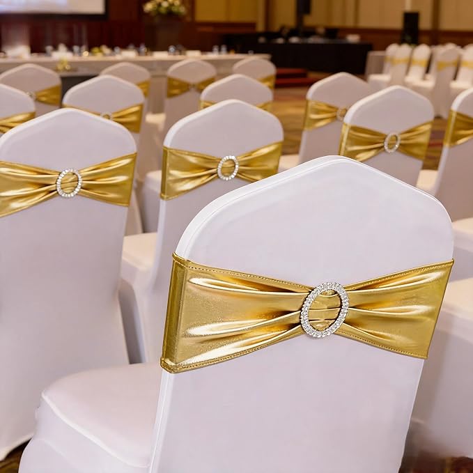 Wedding Spandex Metallic Gold Chair Sashes 100 Pack Chair Bands with Buckle Bronzing Gold Chairs Bows for Party Birthday Bridal Shower Engagement Anniversary Christmas Event Decorations - Image 2