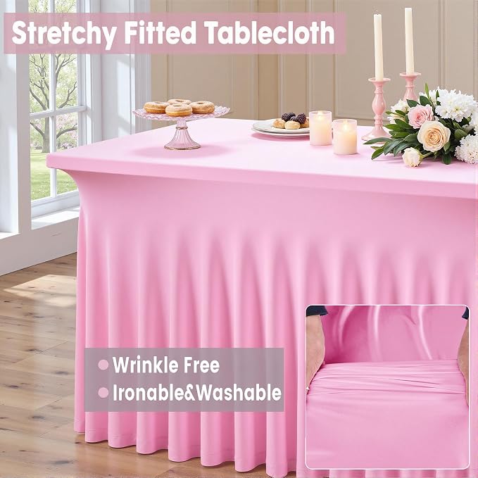 Spandex Tablecloth 8FT Rectangle Table Cover 4 Pack Pink Wrinkle-Free - Image 2