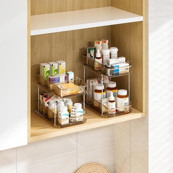 Delamu 2-Tier Under Sink Organizers and Storage, Multi-Purpose Stackable Bathroom Cabinet organizers, Pull Out Kitchen Pantry Organization and Storage with Dividers(2 Pack, Amber) - Image 8