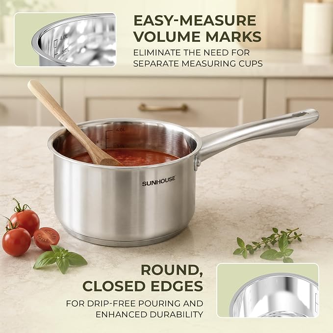 SUNHOUSE 4 QT Stainless Steel Sauce Pan with Lid, Small Pot for Cooking - Image 6